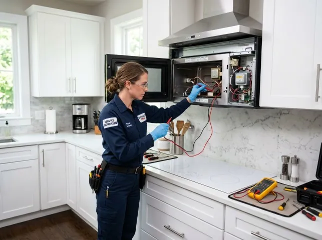Appliance Repair Hero technician testing an over-the-range microwave in a Alcalde, NM kitchen